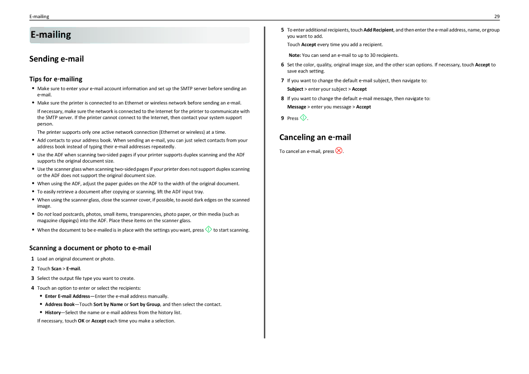 Lexmark PRO910 manual Sending e-mail, Canceling an e‑mail, Tips for e‑mailing, Scanning a document or photo to e-mail 