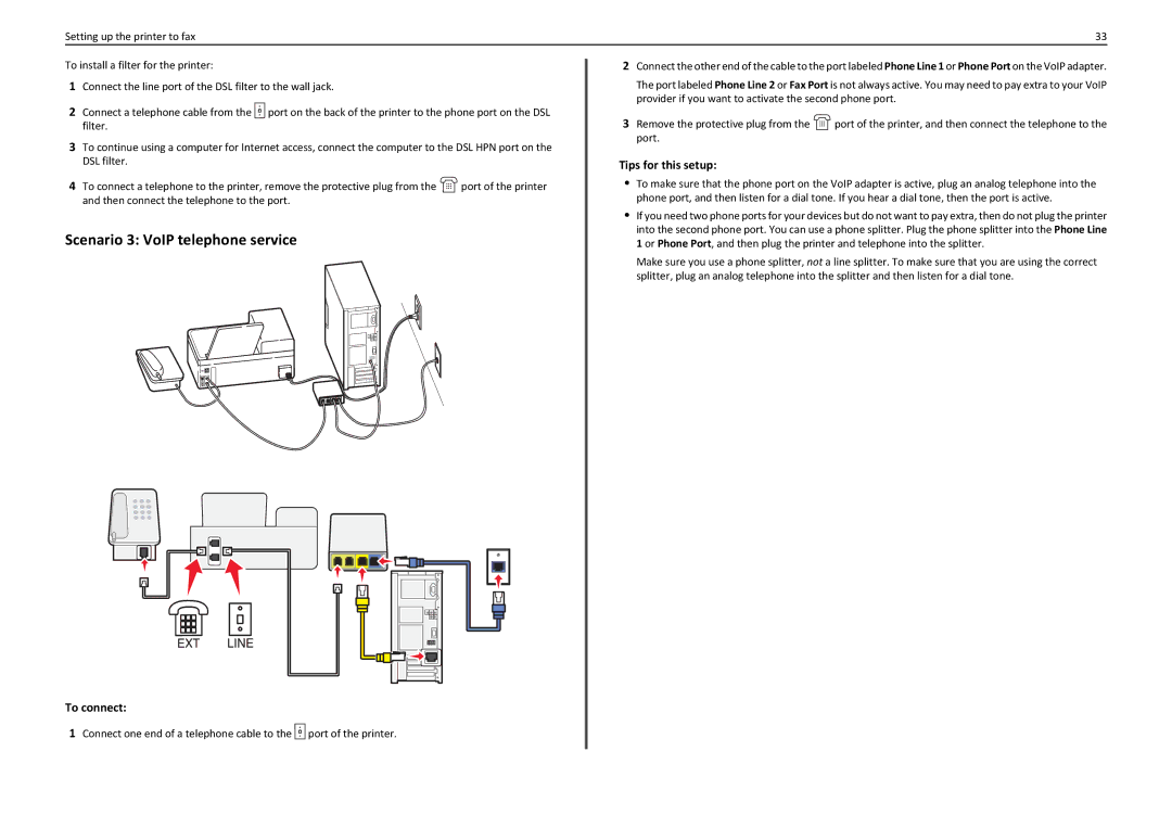 Lexmark PRO910 manual Scenario 3 VoIP telephone service, To connect, Tips for this setup 