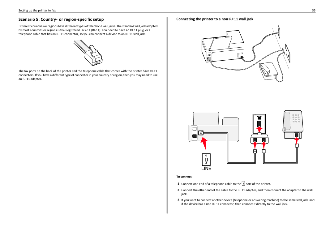 Lexmark PRO910 manual Scenario 5 Country‑ or region‑specific setup, Connecting the printer to a non‑RJ‑11 wall jack 