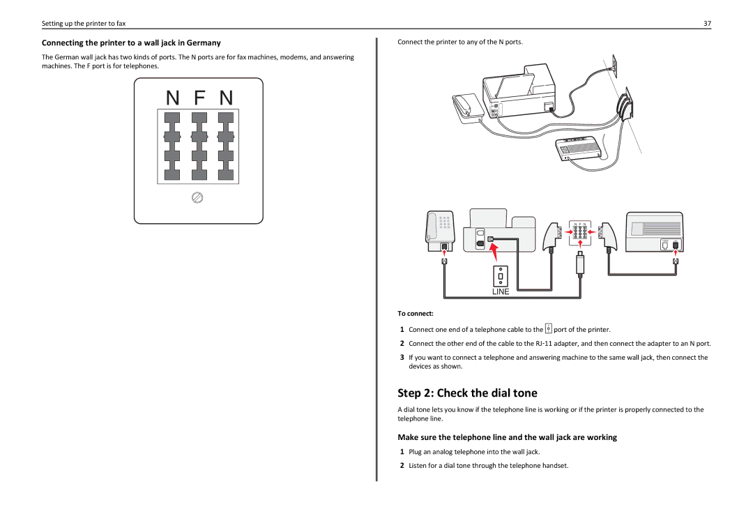 Lexmark PRO910 manual Check the dial tone, Connecting the printer to a wall jack in Germany 