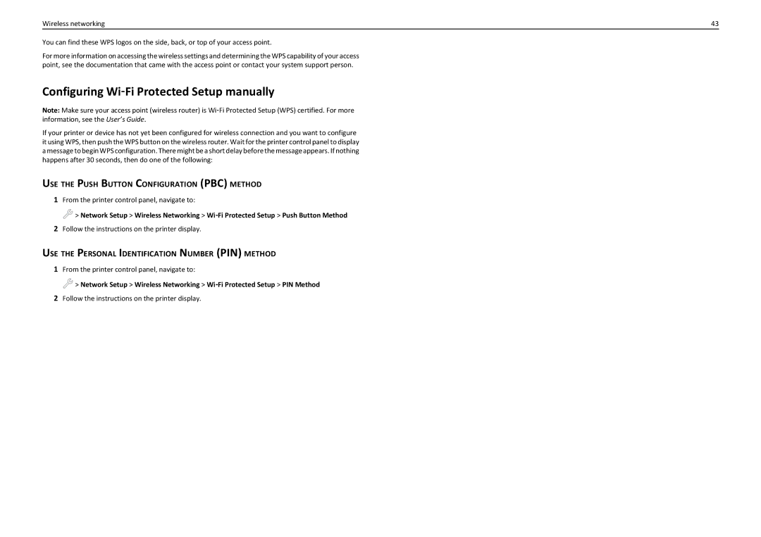 Lexmark PRO910 Configuring Wi‑Fi Protected Setup manually, USE the Push Button Configuration PBC Method 