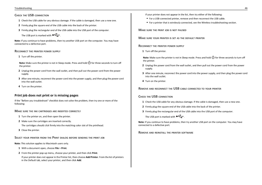 Lexmark PRO910 Print job does not print or is missing pages, Check the USB Connection, Reconnect the Printer Power Supply 