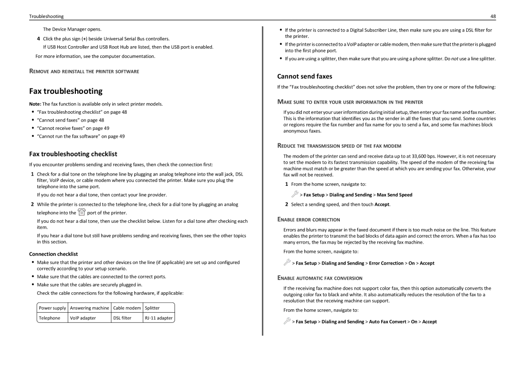 Lexmark PRO910 manual Fax troubleshooting checklist, Cannot send faxes, Connection checklist 