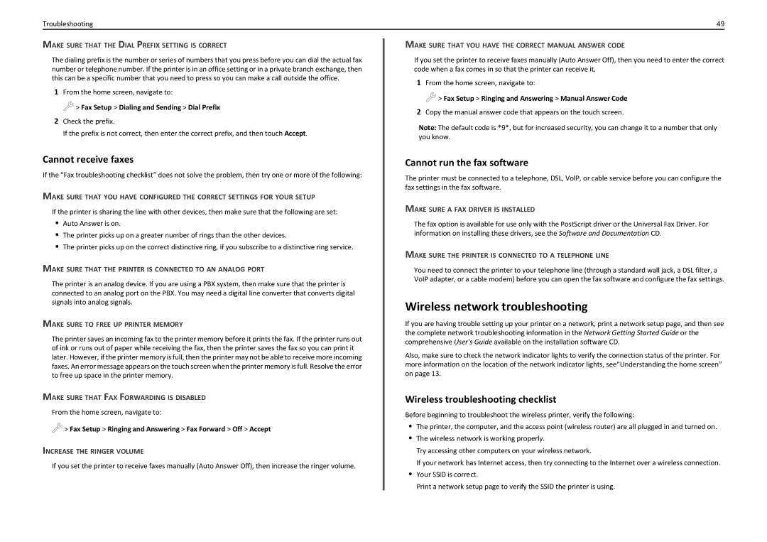 Lexmark PRO910 manual Wireless network troubleshooting, Cannot receive faxes, Cannot run the fax software 