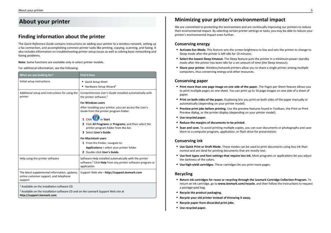 Lexmark PRO910 manual Finding information about the printer, Minimizing your printers environmental impact 