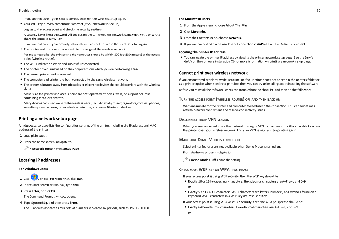 Lexmark PRO910 manual Printing a network setup, Locating IP addresses, Cannot print over wireless network 