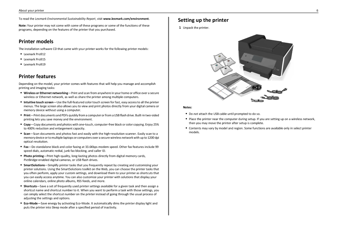 Lexmark PRO910 manual Printer models, Printer features, Setting up the printer 