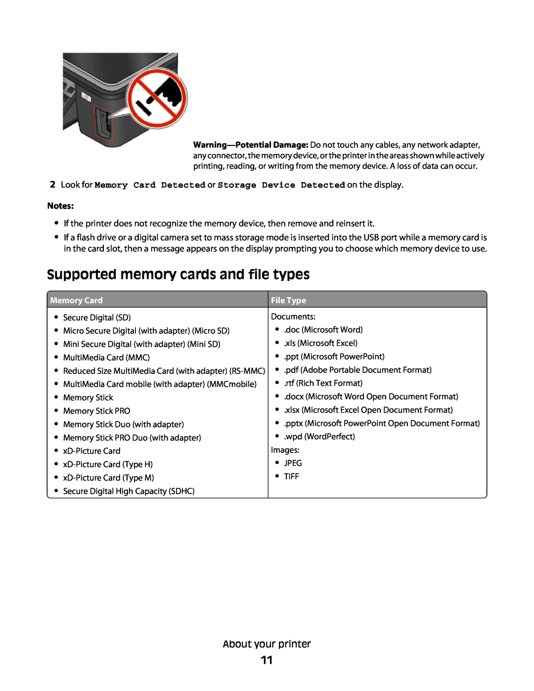 Lexmark S300 manual Supported memory cards and file types, Memory Card, File Type 