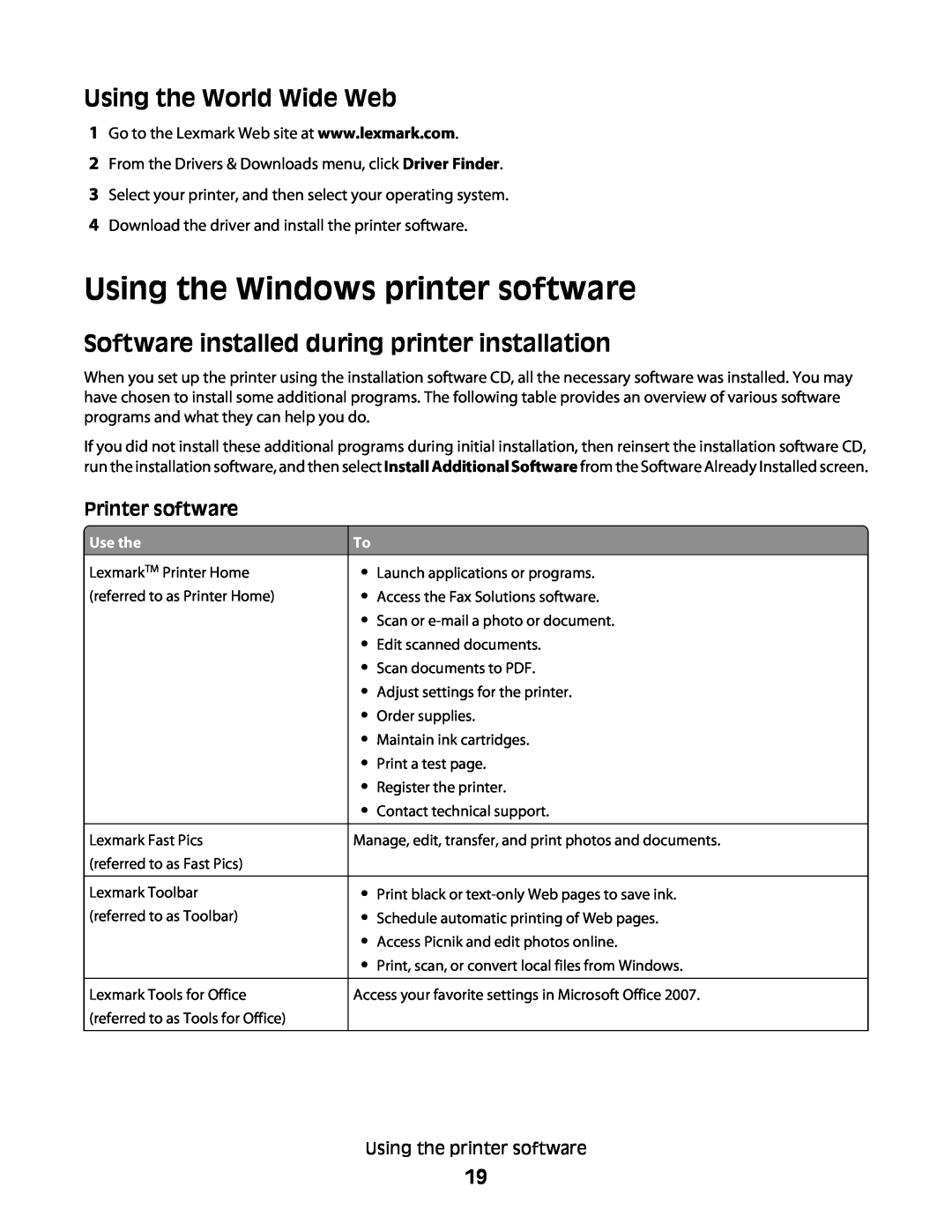 Lexmark S300 Using the Windows printer software, Using the World Wide Web, Software installed during printer installation 