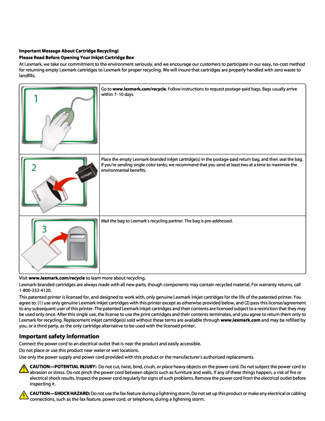 Lexmark S300 manual Important safety information, Important Message About Cartridge Recycling 