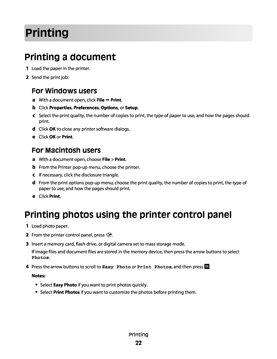 Lexmark S300 manual Printing a document, Printing photos using the printer control panel, Photos 