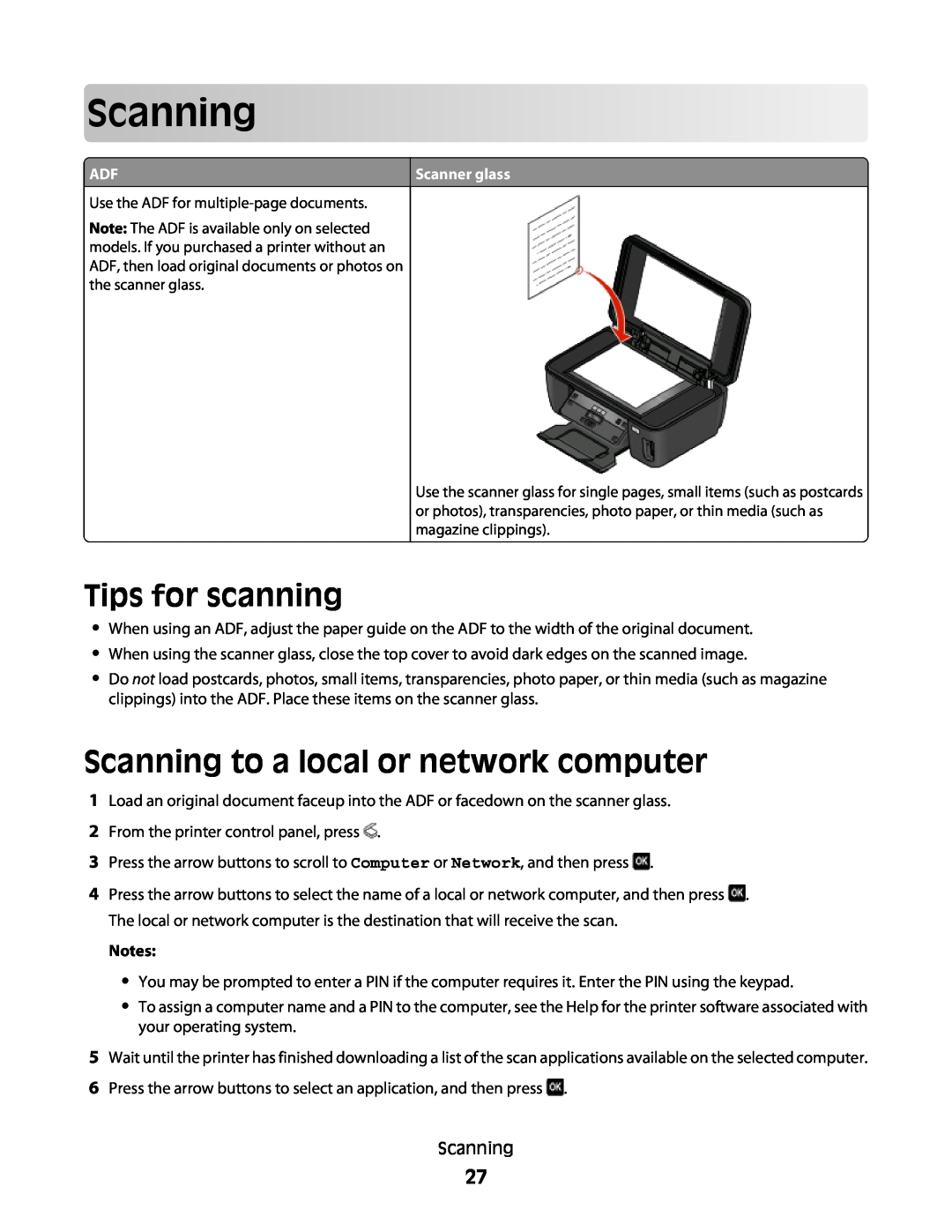 Lexmark S300 manual Tips for scanning, Scanning to a local or network computer 