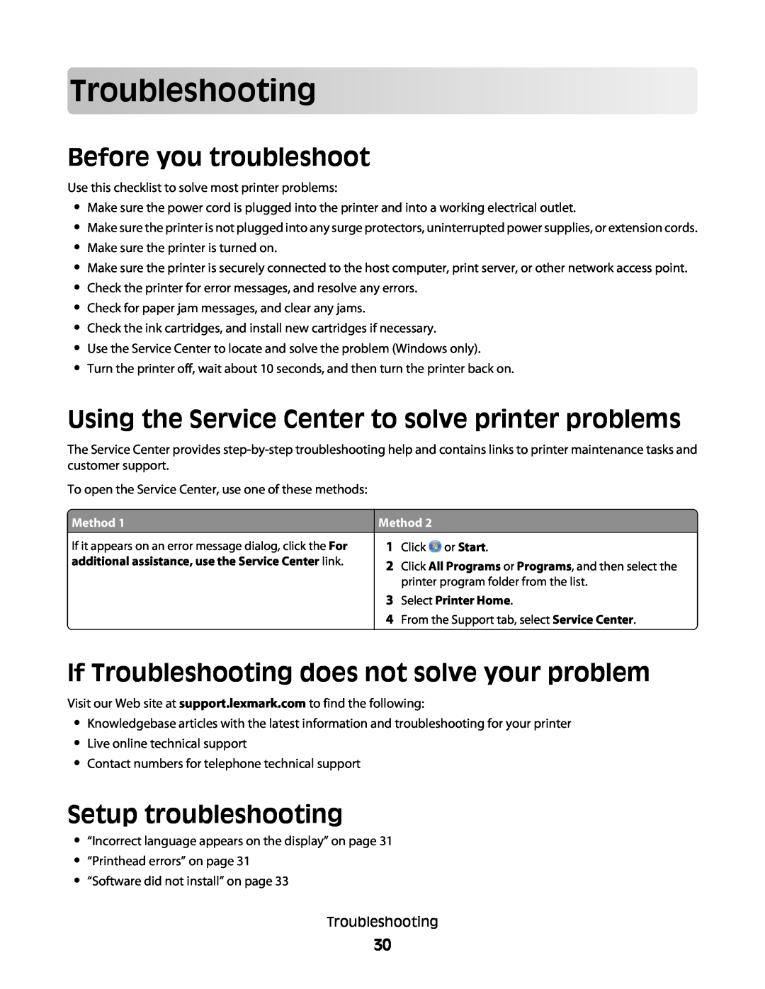 Lexmark S300 manual Before you troubleshoot, If Troubleshooting does not solve your problem, Setup troubleshooting 