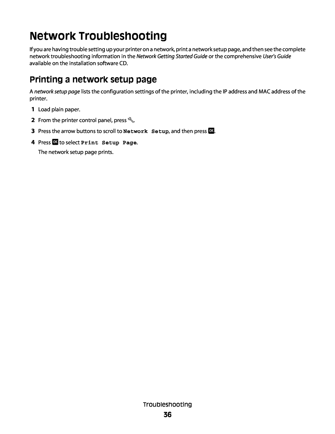 Lexmark S300 manual Network Troubleshooting, Printing a network setup page 
