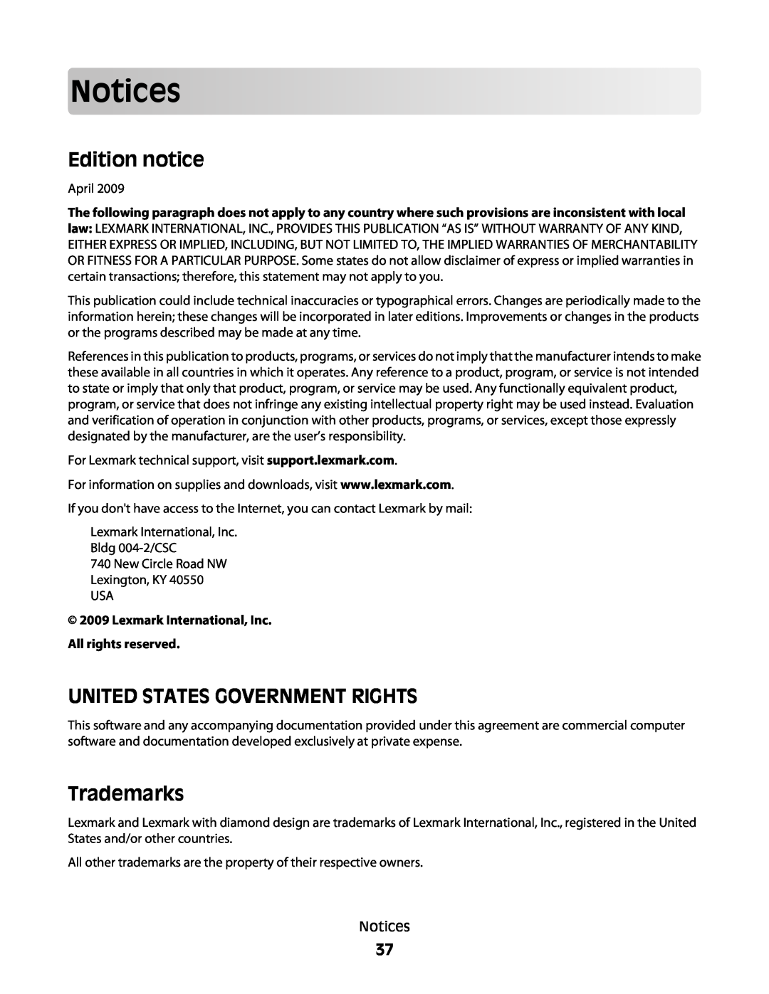 Lexmark S300 manual Notices, Edition notice, United States Government Rights, Trademarks 