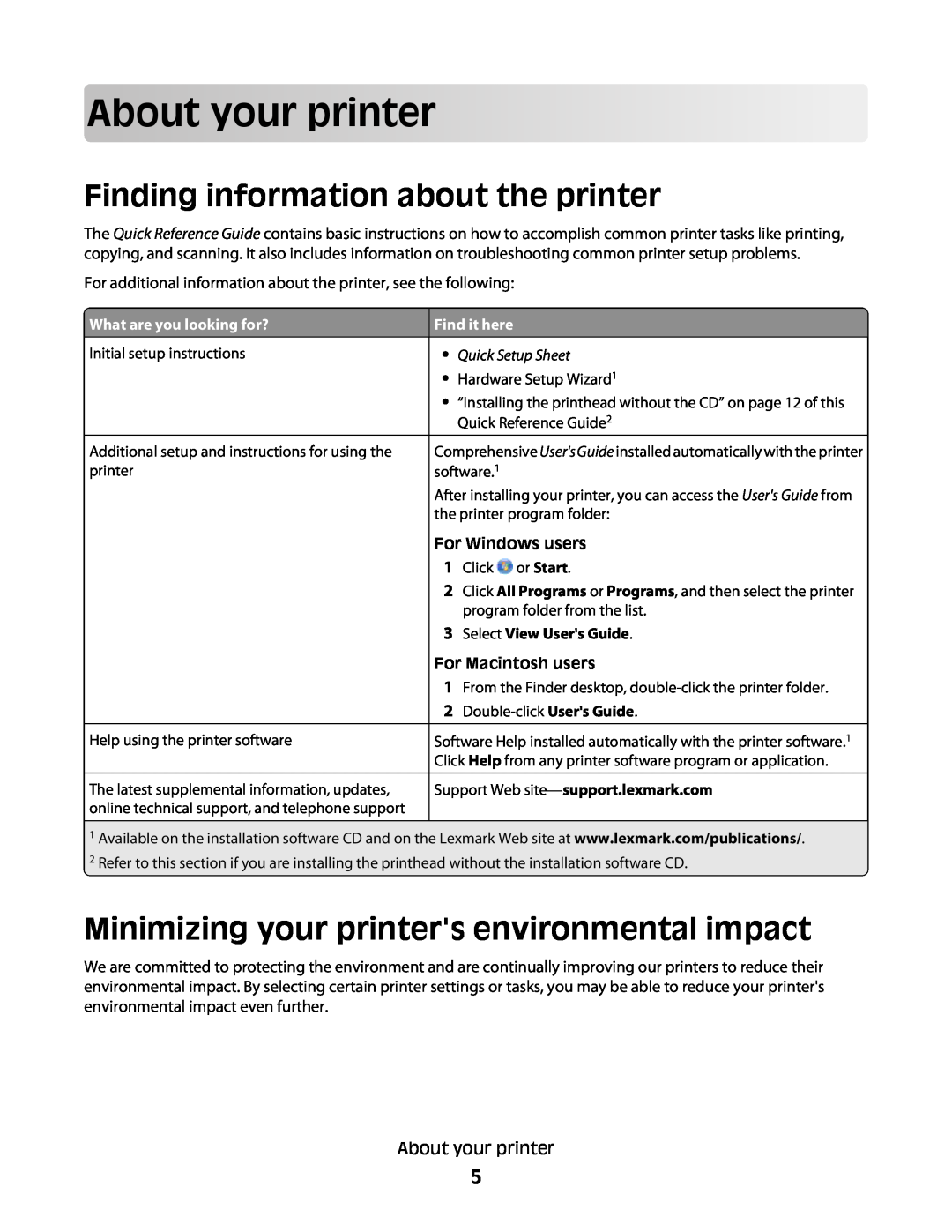 Lexmark S300 About your printer, Finding information about the printer, Minimizing your printers environmental impact 