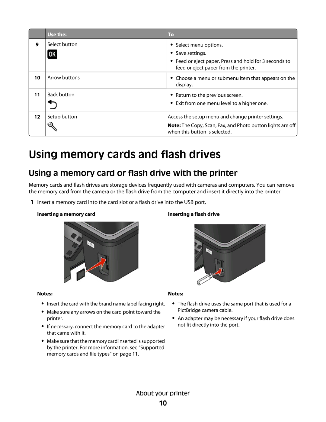 Lexmark S300 manual Using memory cards and flash drives, Using a memory card or flash drive with the printer 