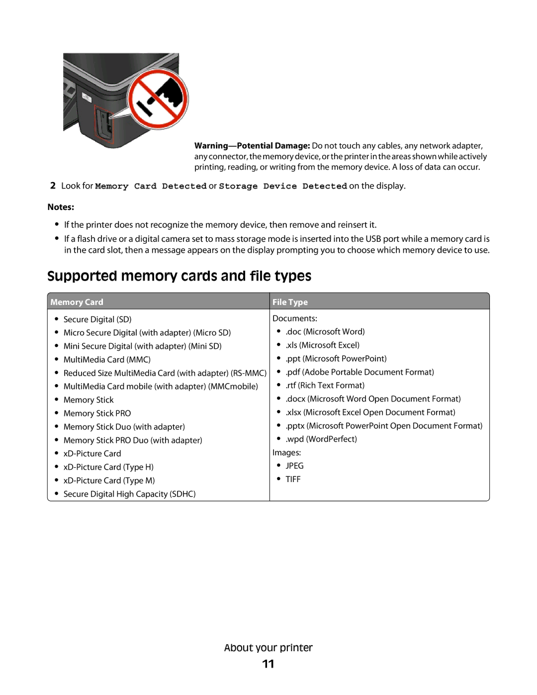 Lexmark S300 manual Supported memory cards and file types, Memory Card, File Type 