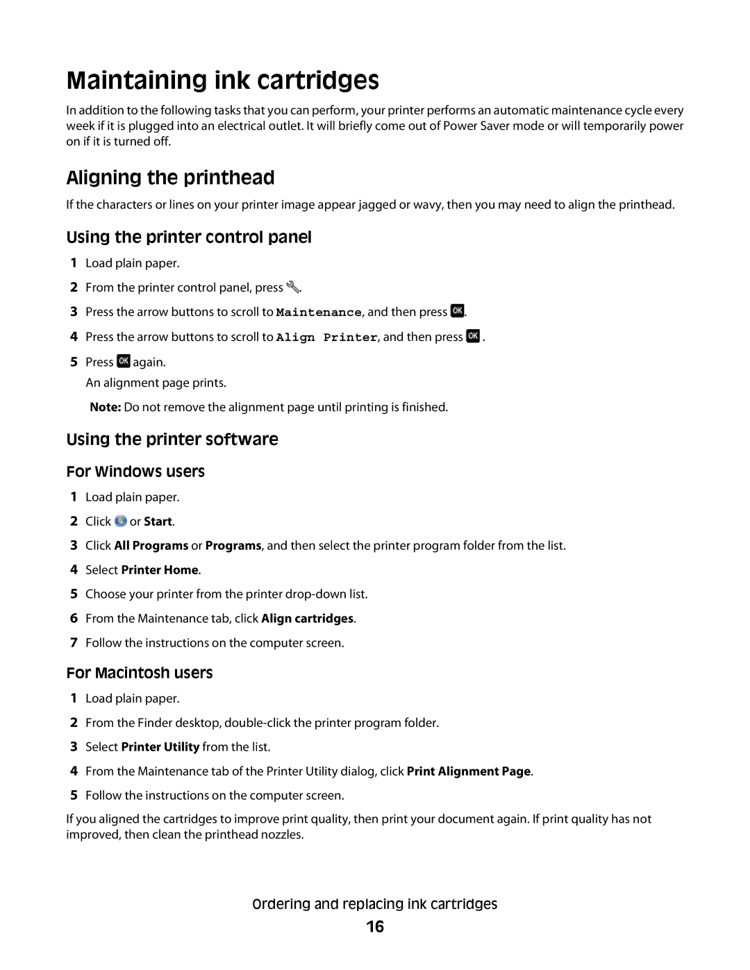 Lexmark S300 manual Maintaining ink cartridges, Aligning the printhead 