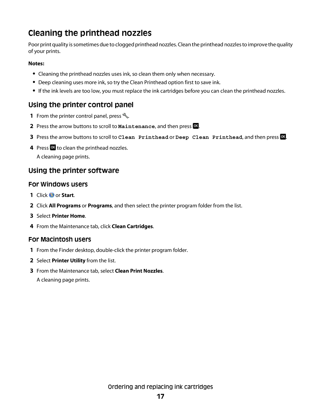 Lexmark S300 manual Cleaning the printhead nozzles 