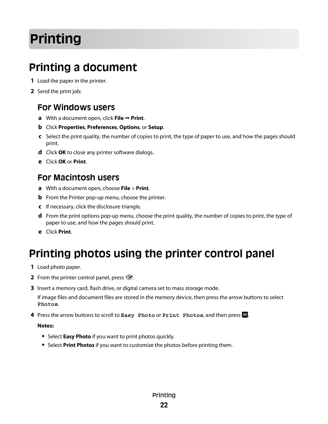 Lexmark S300 manual Prin ting, Printing a document, Printing photos using the printer control panel 