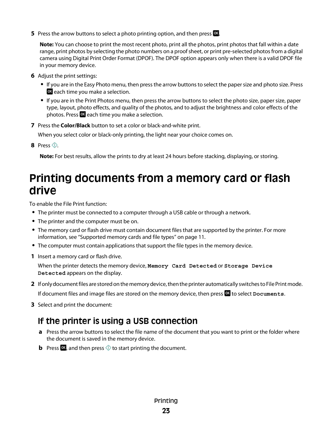 Lexmark S300 manual Printing documents from a memory card or flash drive, If the printer is using a USB connection 