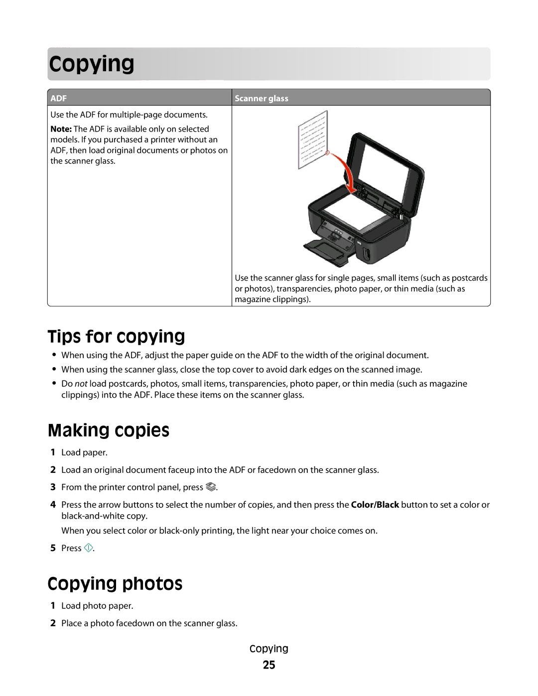 Lexmark S300 manual Cop ying, Tips for copying, Making copies, Copying photos, Scanner glass 