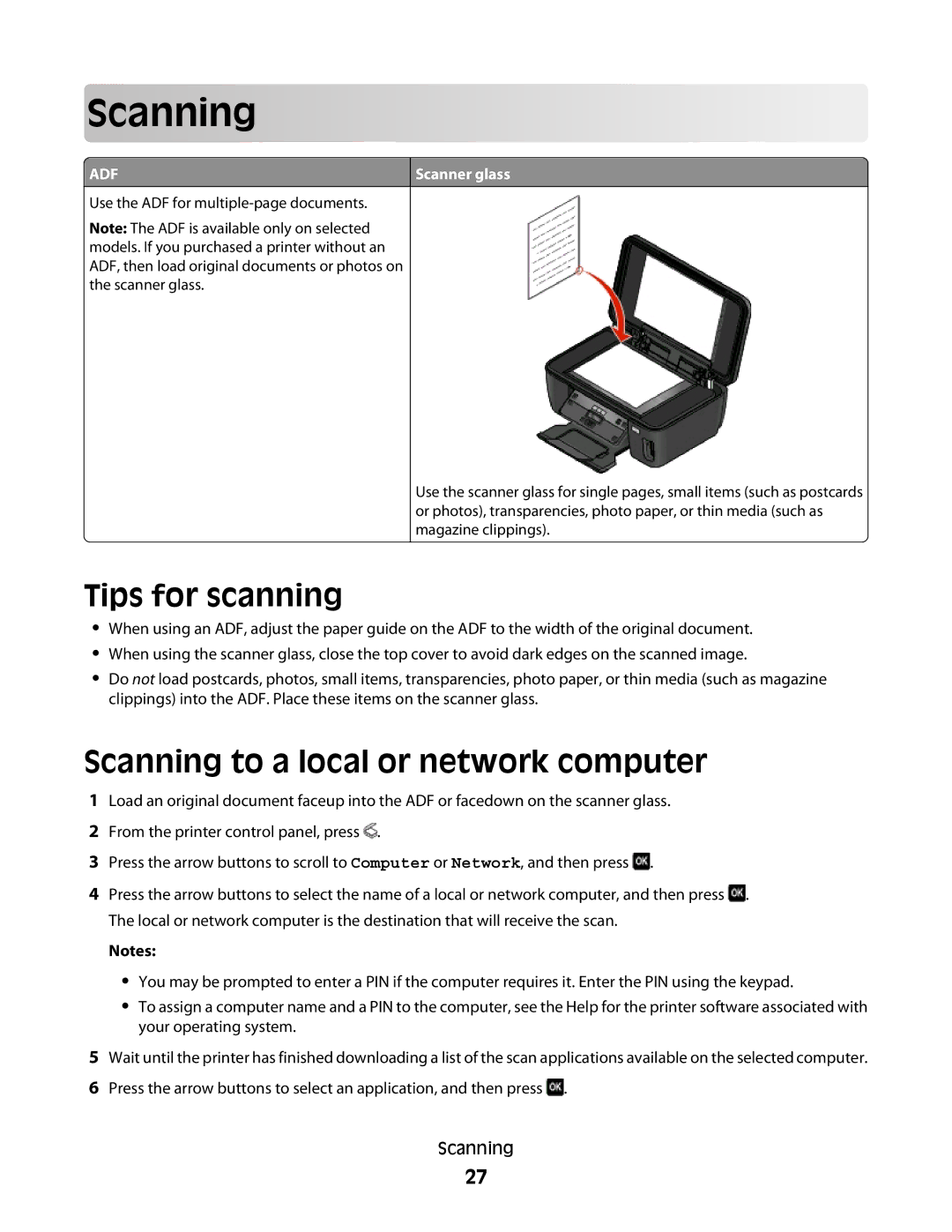 Lexmark S300 manual Scan ning, Tips for scanning, Scanning to a local or network computer 