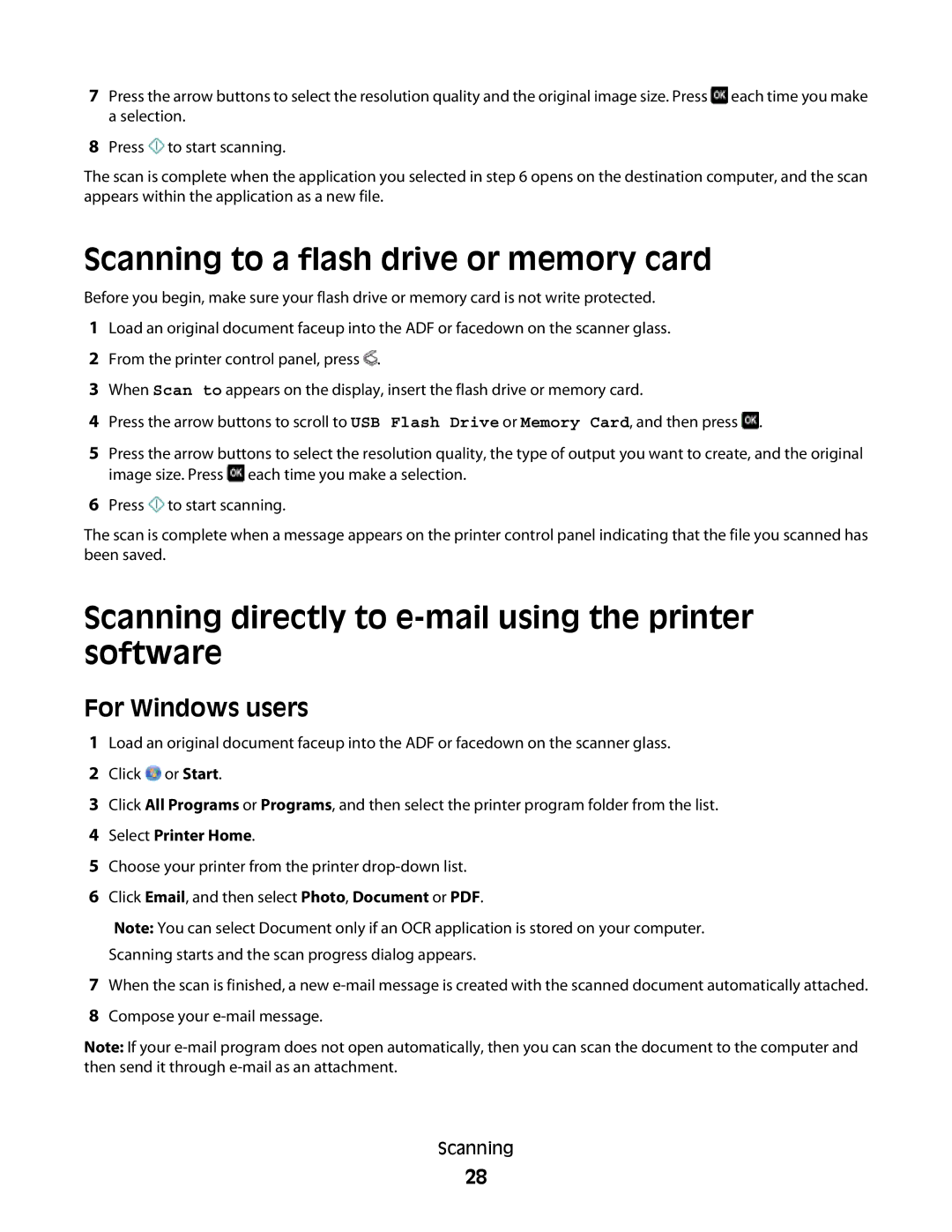 Lexmark S300 manual Scanning to a flash drive or memory card, Scanning directly to e-mail using the printer software 