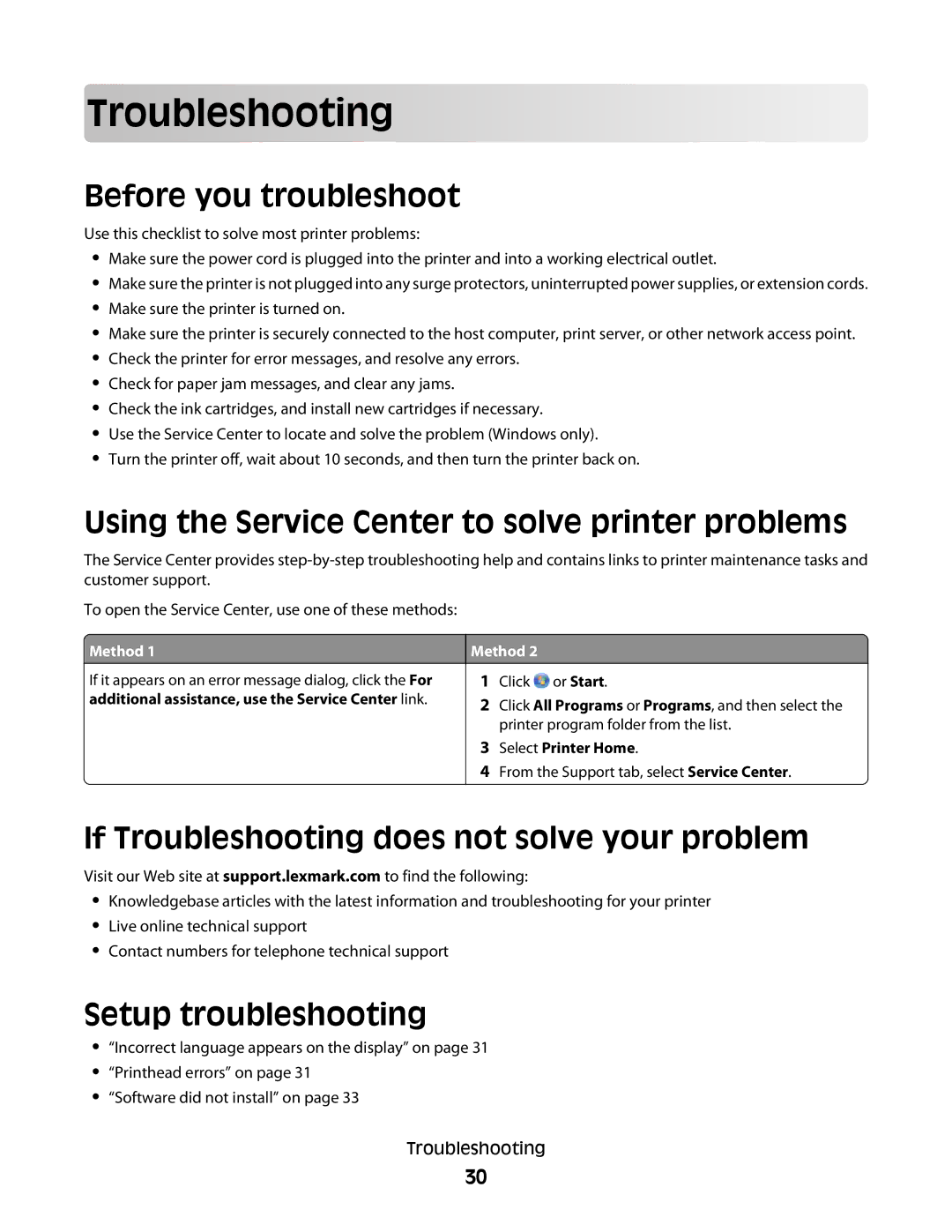 Lexmark S300 manual Troublesho oting, Before you troubleshoot, Using the Service Center to solve printer problems 