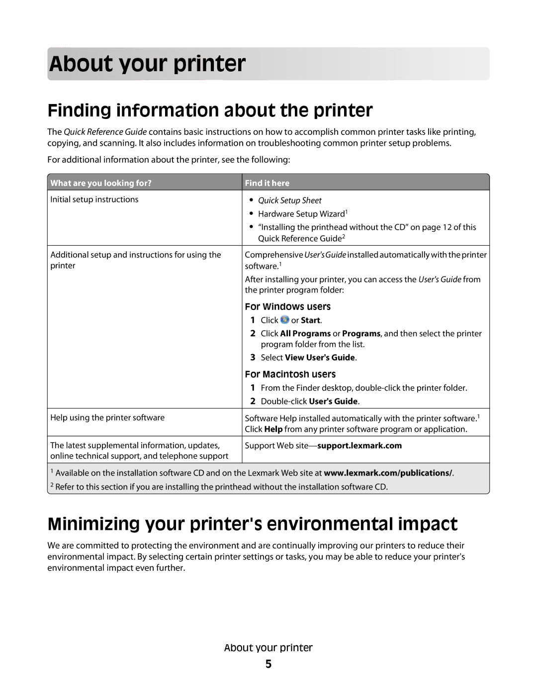 Lexmark S300 Abo ut yo ur prin ter, Finding information about the printer, Minimizing your printers environmental impact 