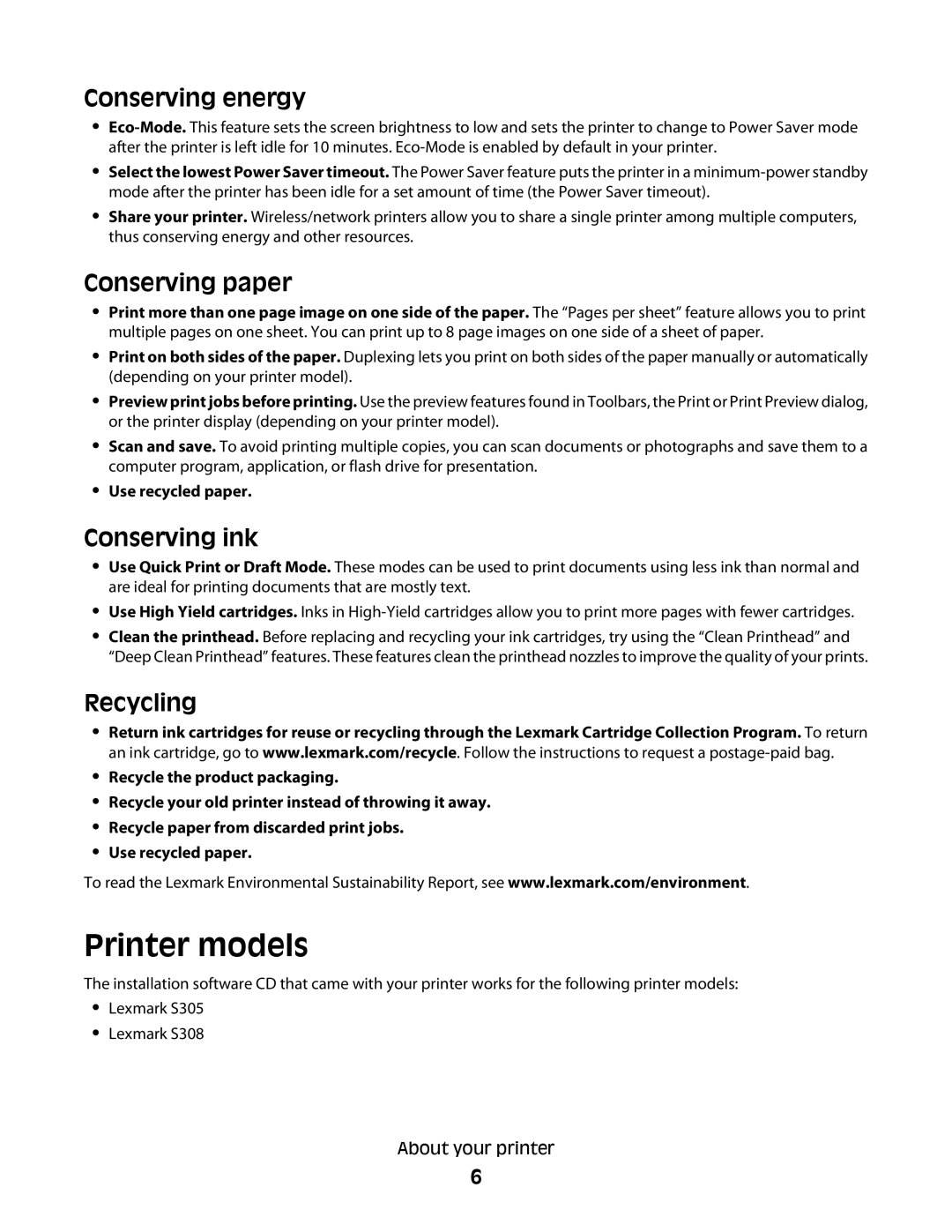 Lexmark S300 manual Printer models, Conserving energy, Conserving paper, Conserving ink, Recycling 