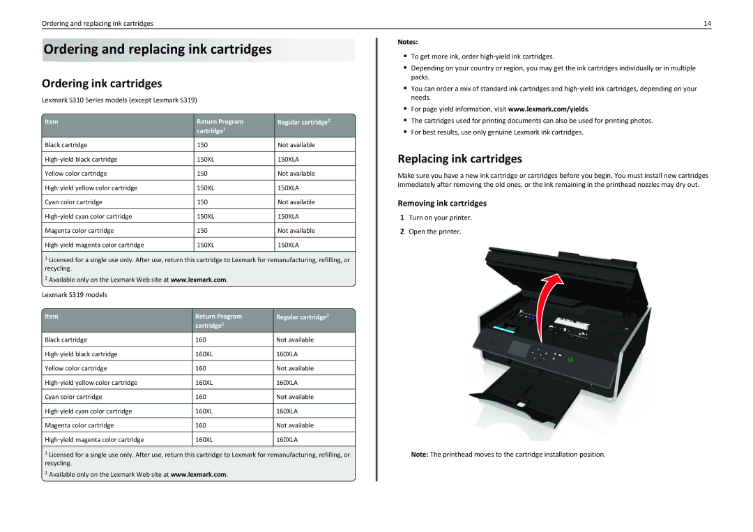 Lexmark S310 manual Ordering and replacing ink cartridges, Ordering ink cartridges, Replacing ink cartridges 