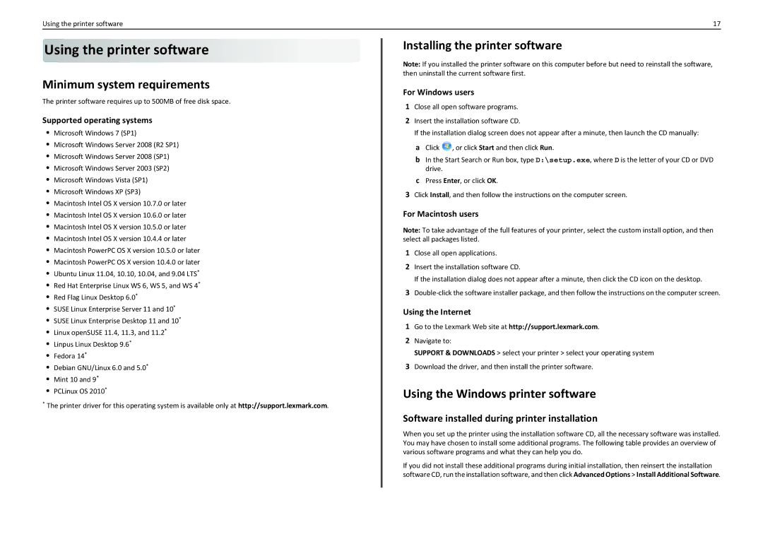 Lexmark S310 manual Using the printer software, Minimum system requirements, Installing the printer software 