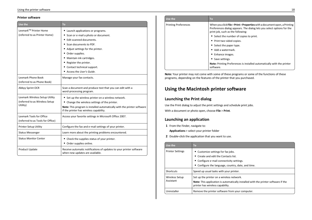 Lexmark S310 manual Using the Macintosh printer software, Launching the Print dialog, Launching an application 