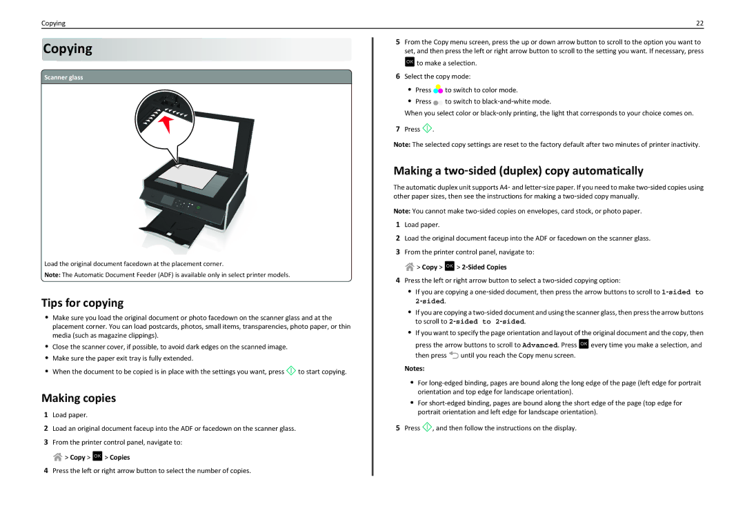 Lexmark S310 manual Copying, Tips for copying, Making copies, Making a two‑sided duplex copy automatically 