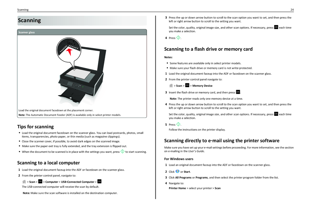 Lexmark S310 manual Tips for scanning, Scanning to a local computer, Scanning to a flash drive or memory card 