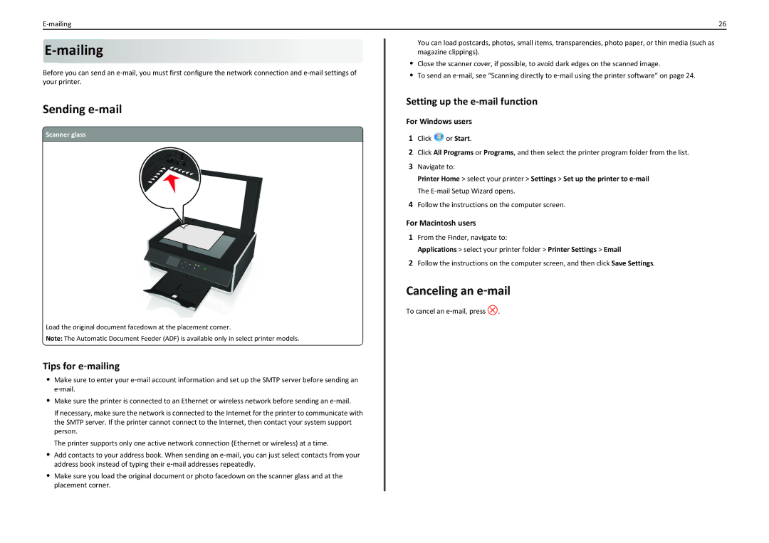 Lexmark S310 manual Sending e-mail, Canceling an e‑mail, Tips for e‑mailing, Setting up the e-mail function 