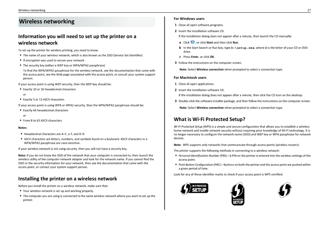 Lexmark S310 manual Wireless networking, Installing the printer on a wireless network, What is Wi‑Fi Protected Setup? 