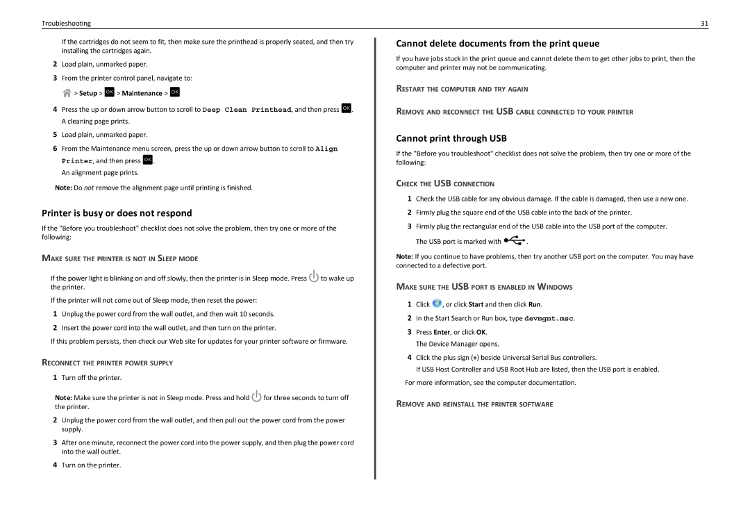 Lexmark S310 Cannot delete documents from the print queue, Cannot print through USB, Printer is busy or does not respond 