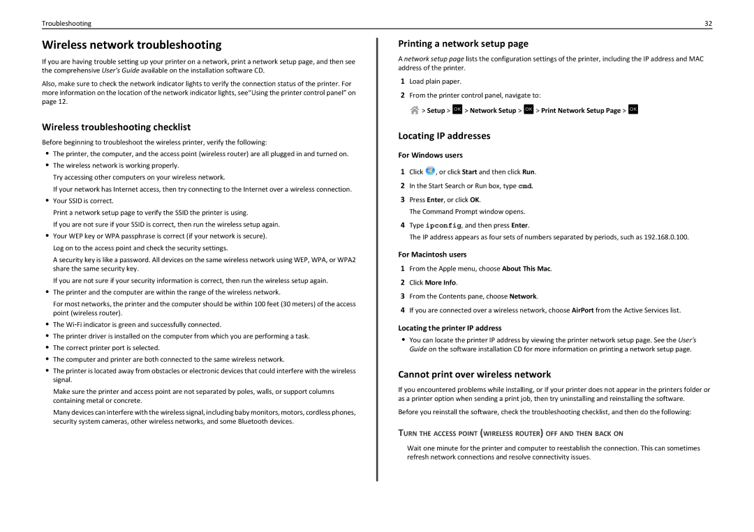 Lexmark S310 manual Wireless network troubleshooting, Wireless troubleshooting checklist, Printing a network setup 