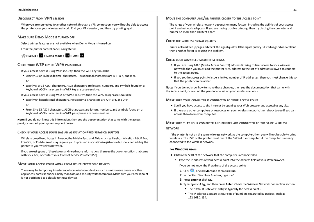 Lexmark S310 manual Disconnect from VPN Session, Make Sure Demo Mode is Turned OFF, Check Your WEP KEY or WPA Passphrase 