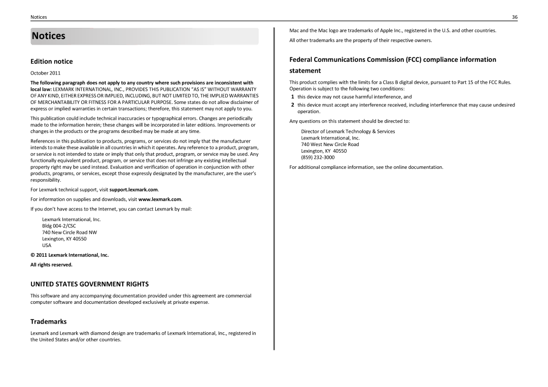 Lexmark S310 manual Edition notice, Trademarks, Lexmark International, Inc All rights reserved 