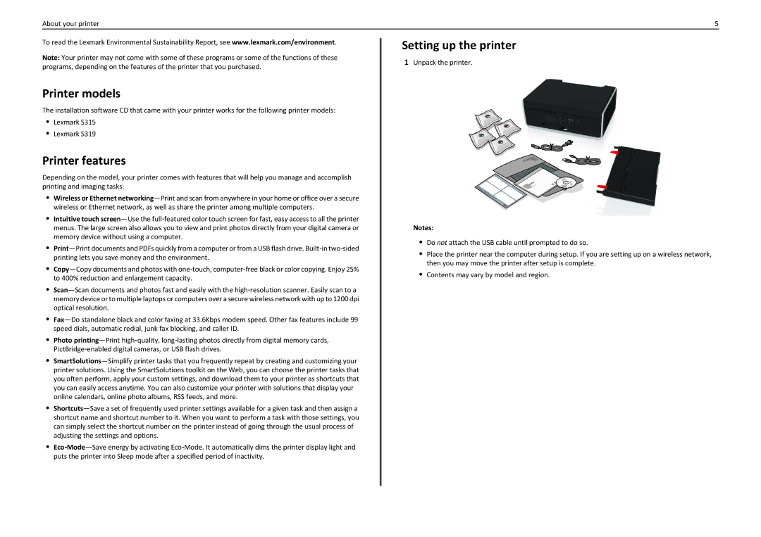 Lexmark S310 manual Printer models, Printer features, Setting up the printer 