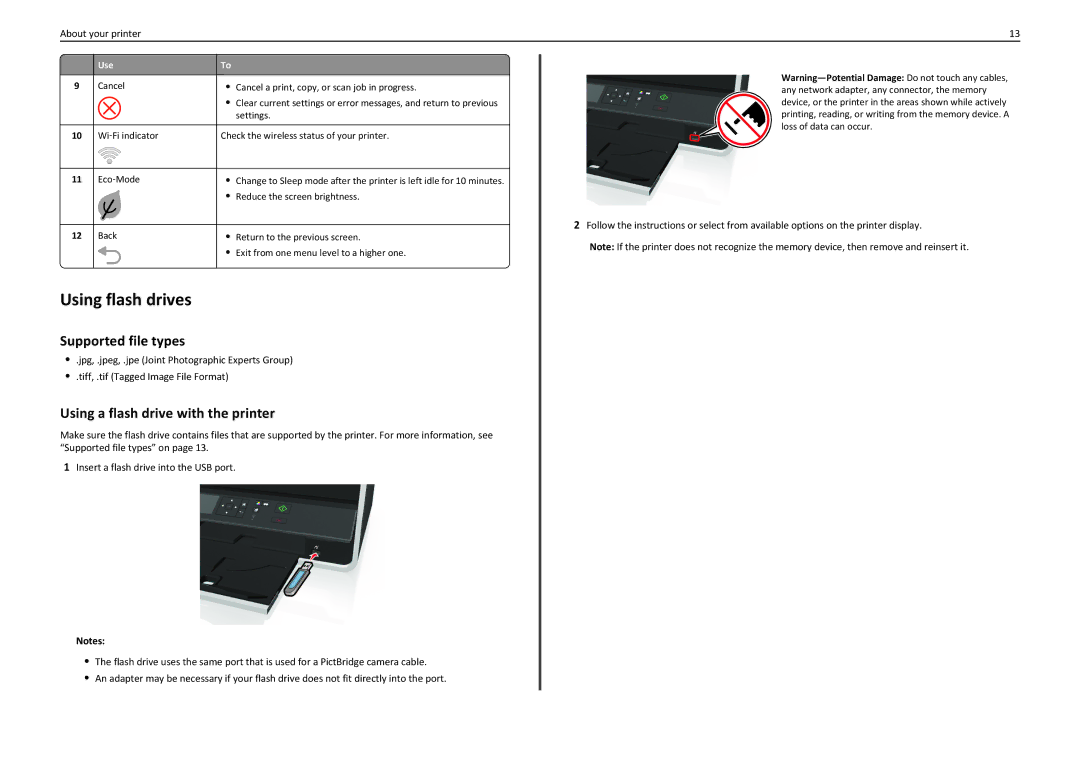 Lexmark S310 manual Using flash drives, Supported file types, Using a flash drive with the printer 