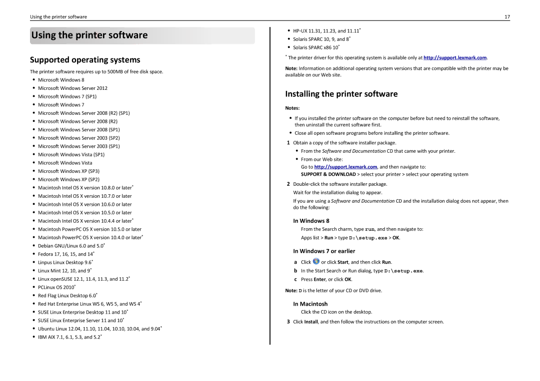 Lexmark S310 manual Using the printer software, Supported operating systems, Installing the printer software 