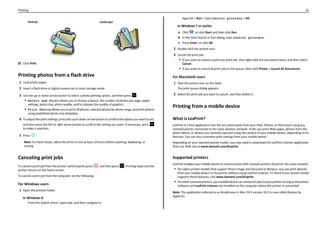 Lexmark S310 Printing photos from a flash drive, Canceling print jobs, Printing from a mobile device, What is LexPrint? 