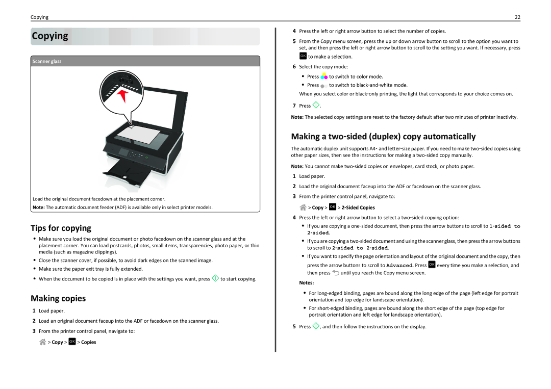 Lexmark S310 manual Copying, Tips for copying, Making copies, Making a two‑sided duplex copy automatically 