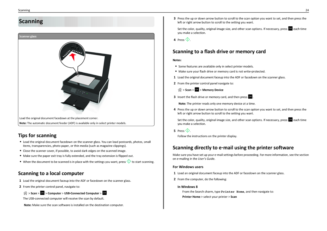 Lexmark S310 manual Tips for scanning, Scanning to a local computer, Scanning to a flash drive or memory card 