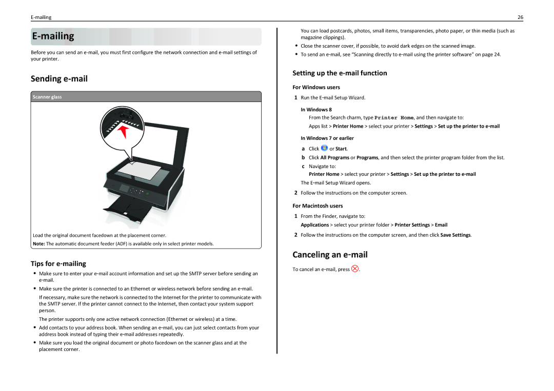 Lexmark S310 manual Sending e-mail, Canceling an e‑mail, Tips for e‑mailing, Setting up the e-mail function 